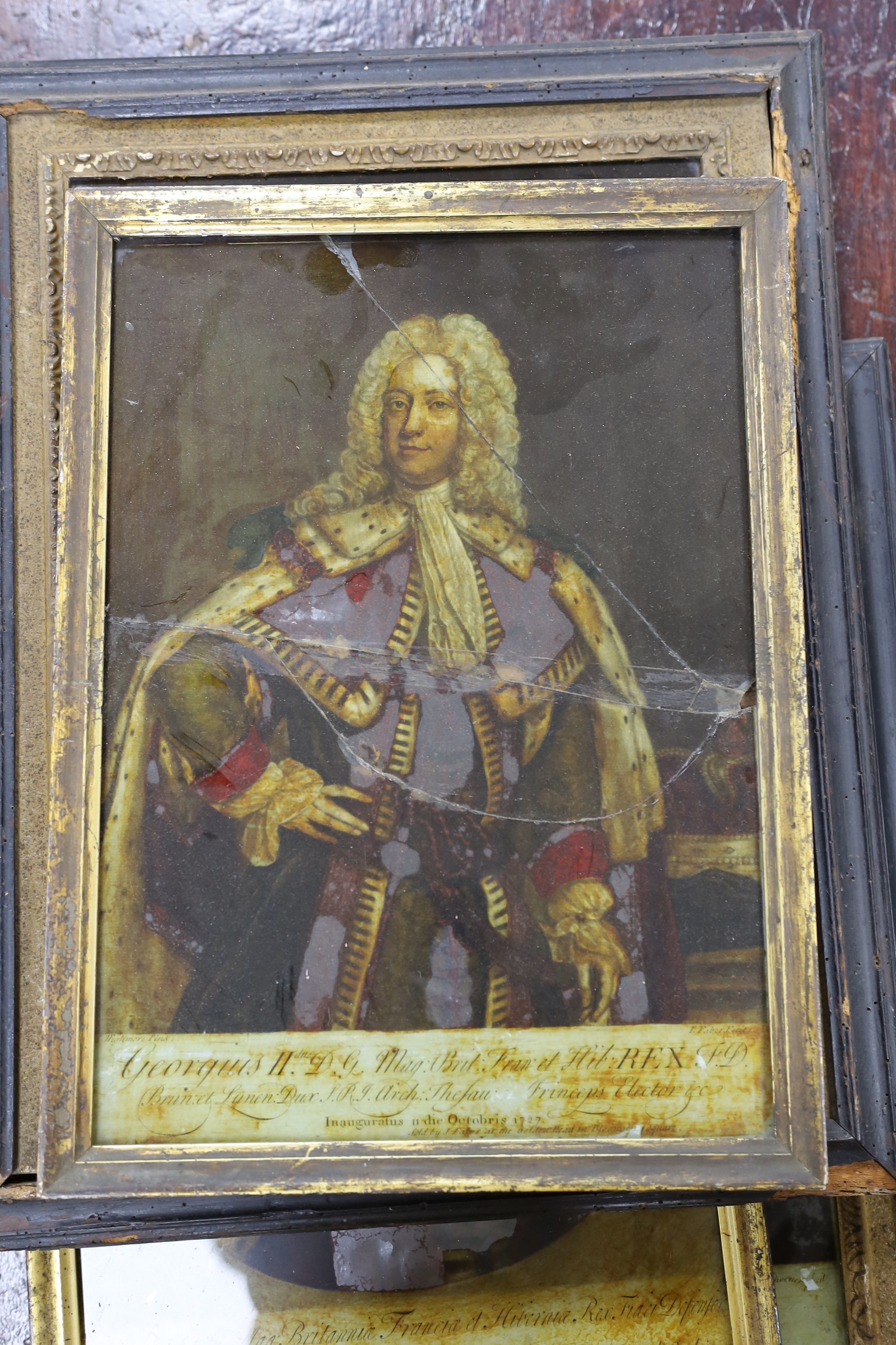 Spencer after Benwell, reverse print on glass, 'The Studious Fair', 36 x 26cm, together with four other damaged reverse prints of John Wilkes, George II and George III